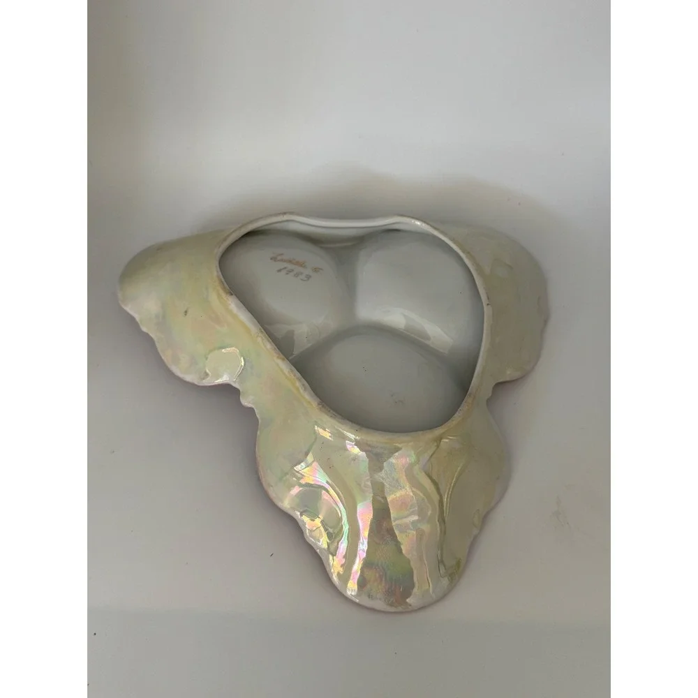 Vintage 1983 Hand Painted Floral Ceramic 3-Section Candy Dish Iridescent Pink